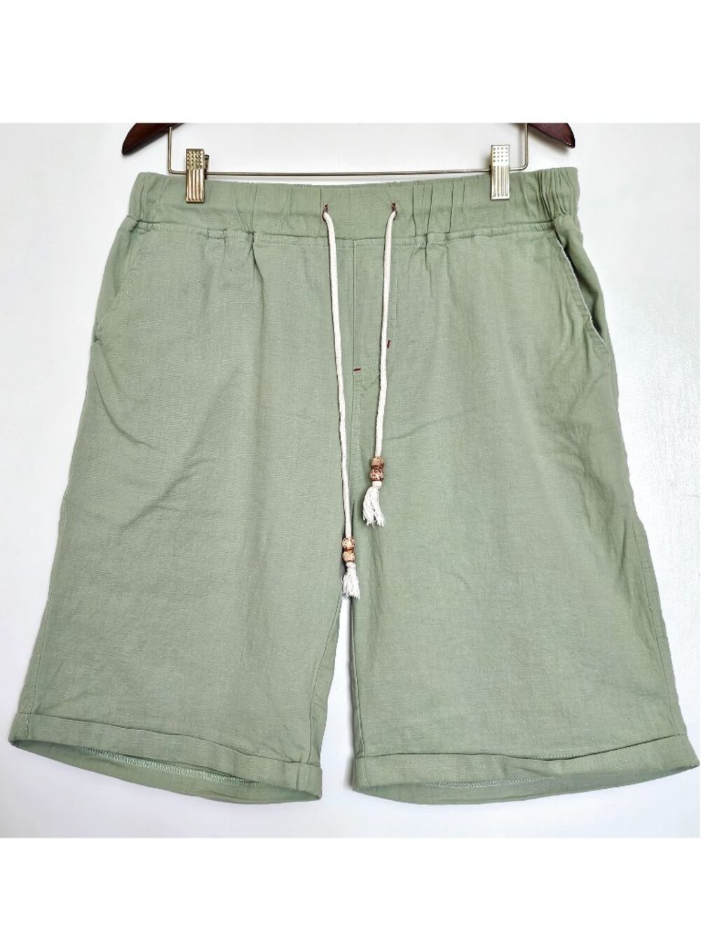 Cotton Linen Blend Drawstring Lounge Beach 9” Shorts Sage Green